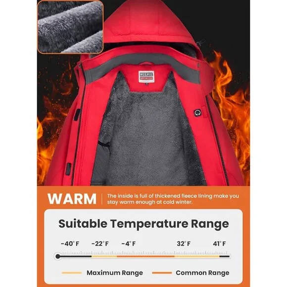 Women's Red Waterproof Ski Jacket Warm Winter Coats Windproof with Hood